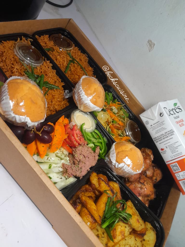 Becks Cuisine food box with jollof rice and chicken